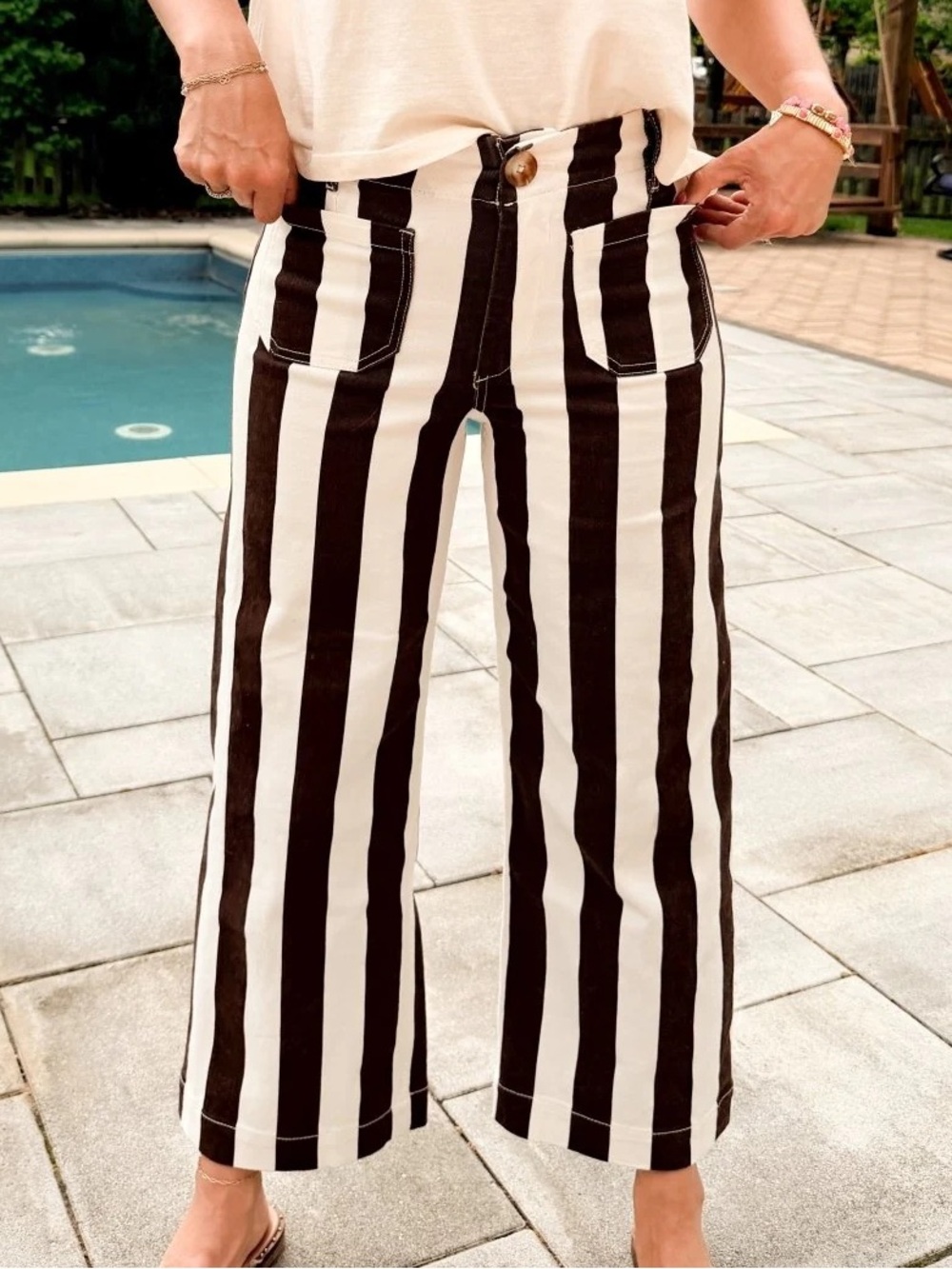 Mica Denim Brown & White Striped Cropped Wide Leg Pants